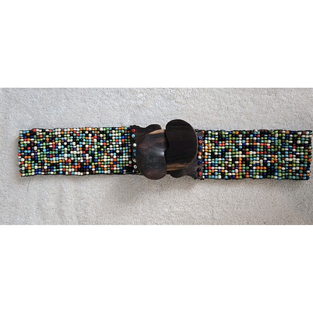 Boho Beaded Belt Womens One Size Multicolor Wood Stretch Buckle Hippie Festival